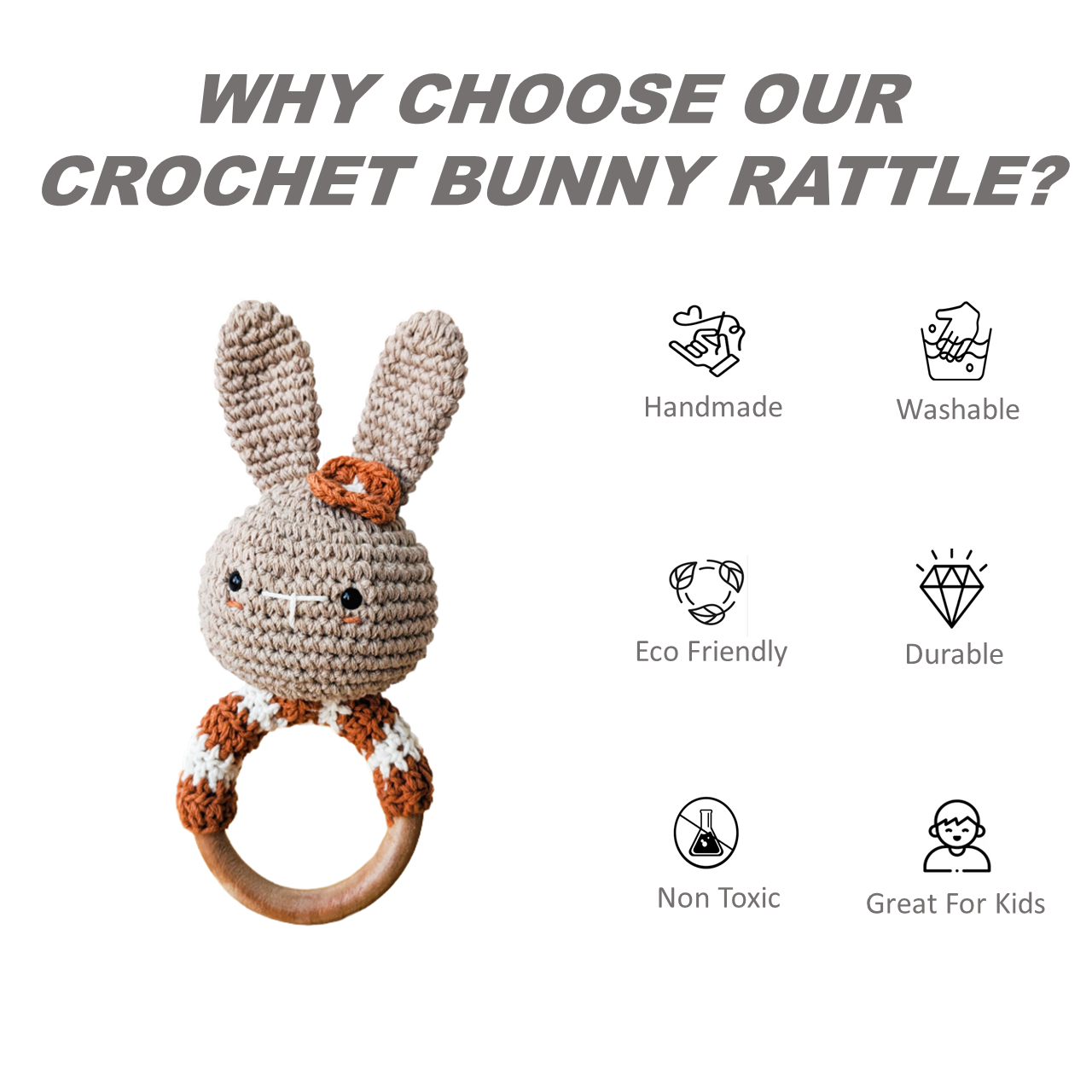 Crochet bunny rattle with text highlighting its features on a white background