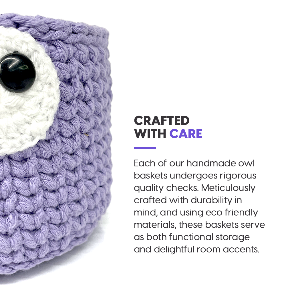 Handmade owl basket with text about craftsmanship and quality