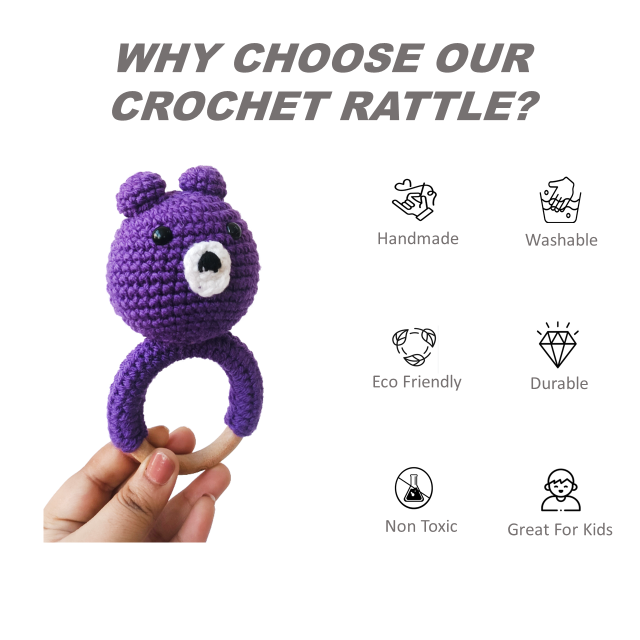 Purple crochet rattle held by a hand with text highlighting features on a white background