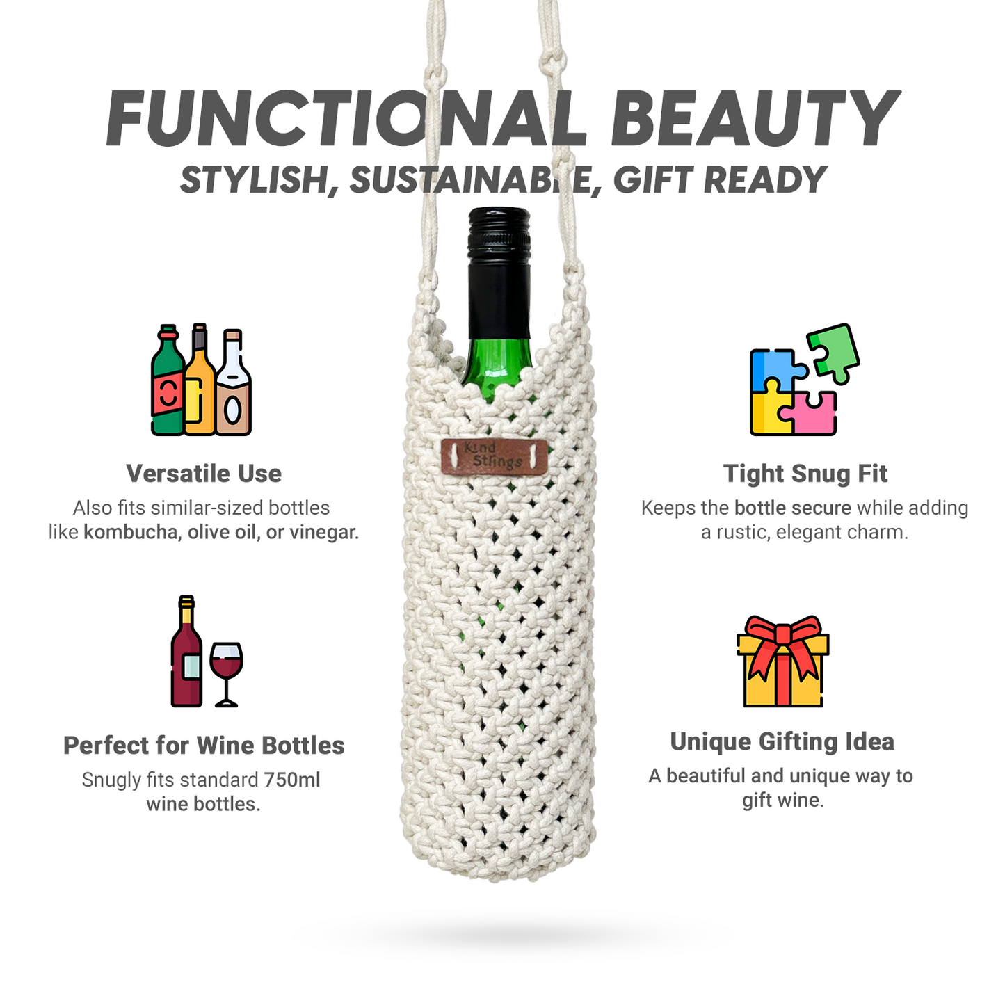 Woven bottle holder with text highlighting its features on a white background