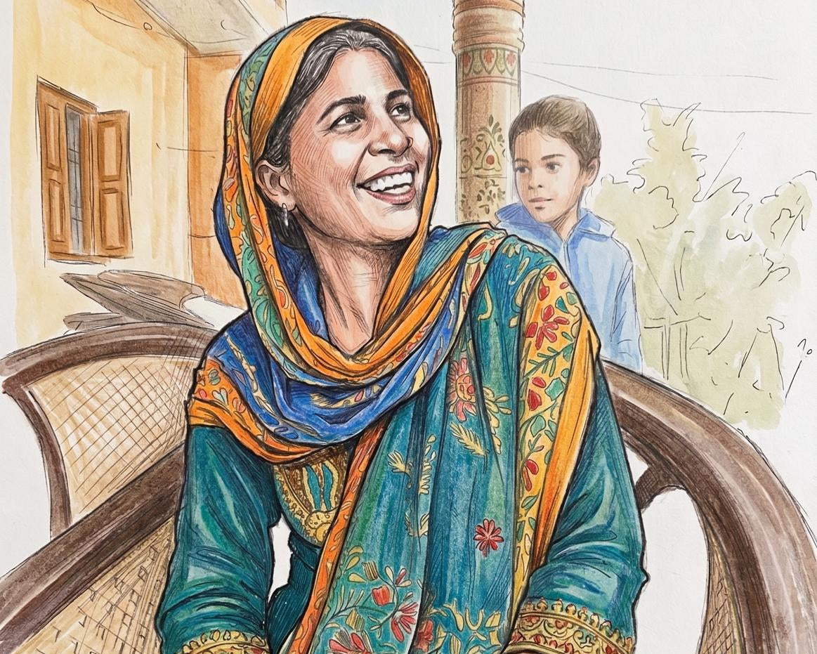 Woman in traditional attire with a child in the background