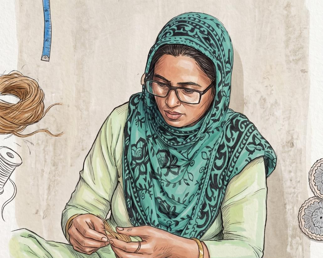 Illustration of a woman sitting and working with yarn, wearing a green headscarf and glasses.
