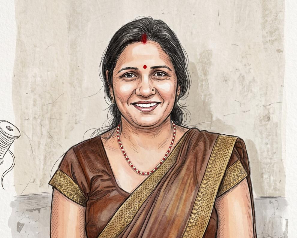 Illustration of a woman wearing a brown saree with gold border against a textured beige background.