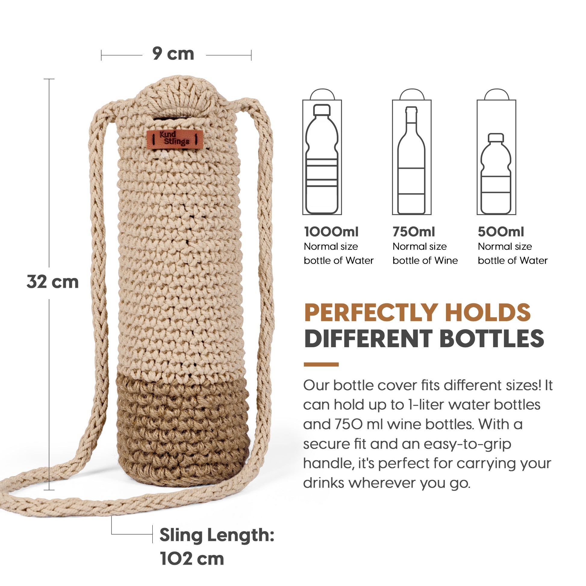Beige bottle cover with dimensions and capacity information on a white background