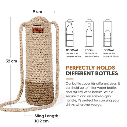Beige bottle cover with dimensions and capacity information on a white background