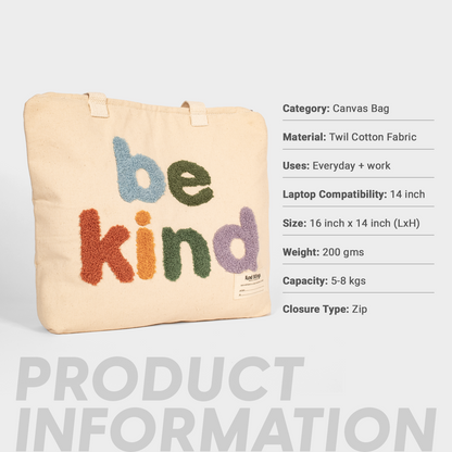 Beige tote bag with 'be kind' text in colorful letters on a light gray background.