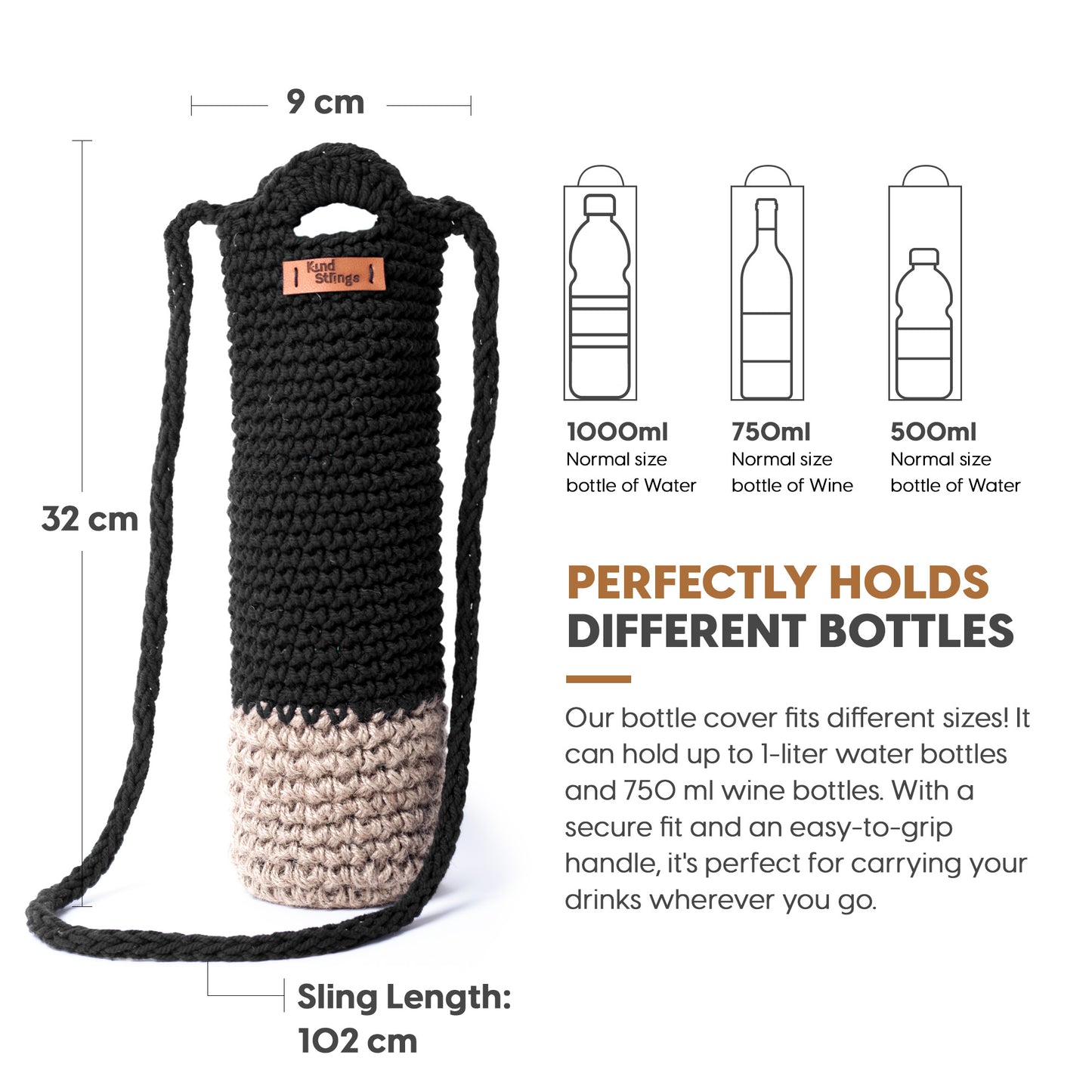 Black and beige bottle cover with measurements and bottle size comparison on a white background