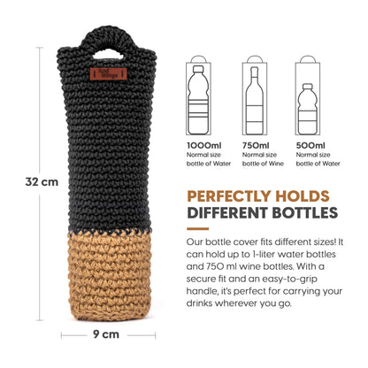 Black and brown bottle cover with measurements and size information on a white background