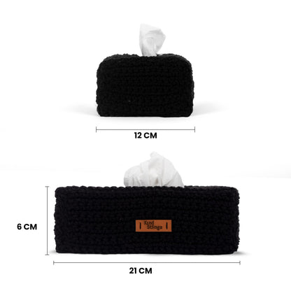 Black textured tissue box with tissues, showing dimensions on a white background.
