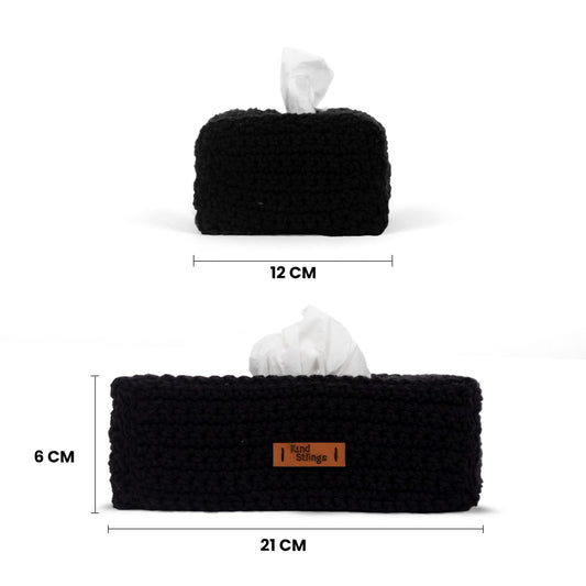 Black textured tissue box with tissues, showing dimensions on a white background.