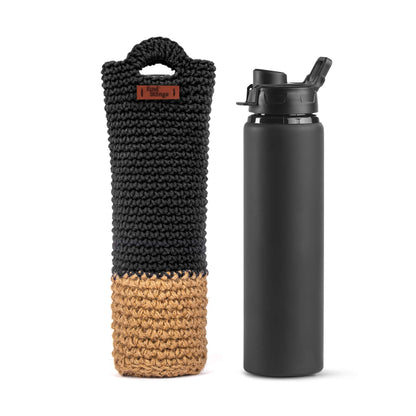 Black water bottle with a braided black and brown Water Bottle Holder on a white background