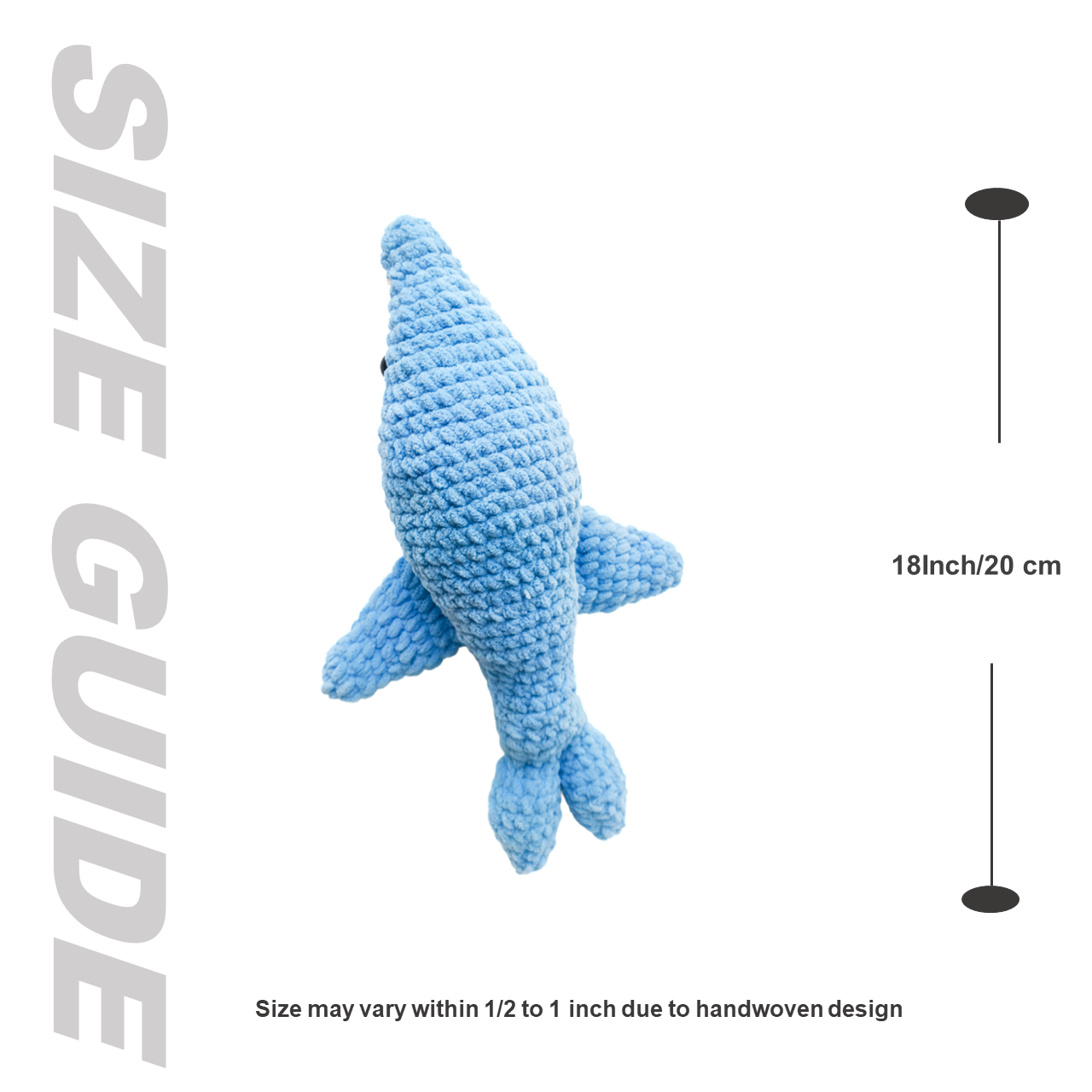 Blue crochet shark toy with size guide on a white background