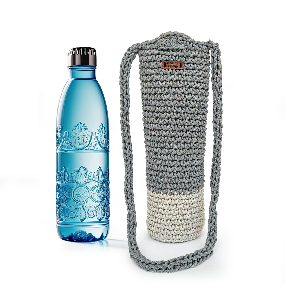 Blue water bottle with decorative pattern and gray knitted Bottle cover on a white background
