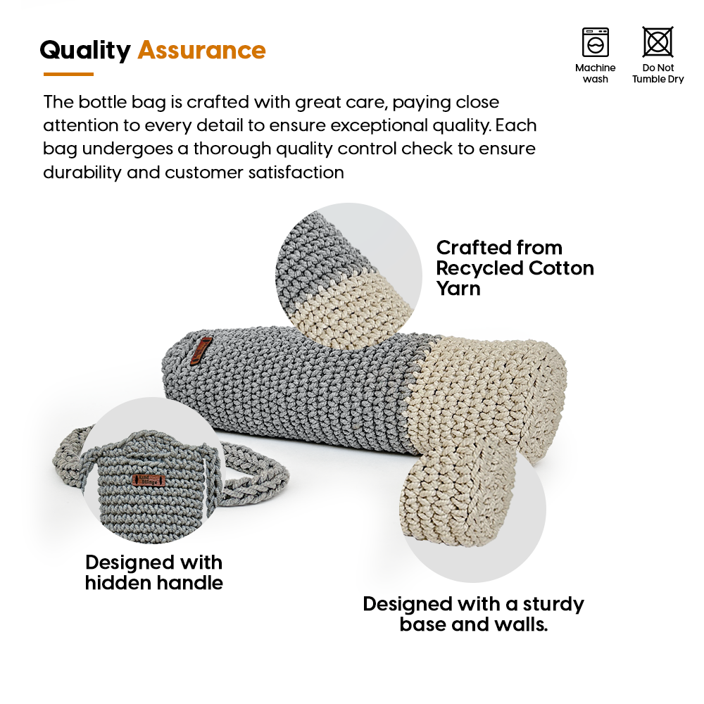 Bottle Cover with recycled cotton yarn,  with a Sling and sturdy base, on a white background.