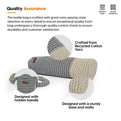 Bottle Cover with recycled cotton yarn,  with a Sling and sturdy base, on a white background.