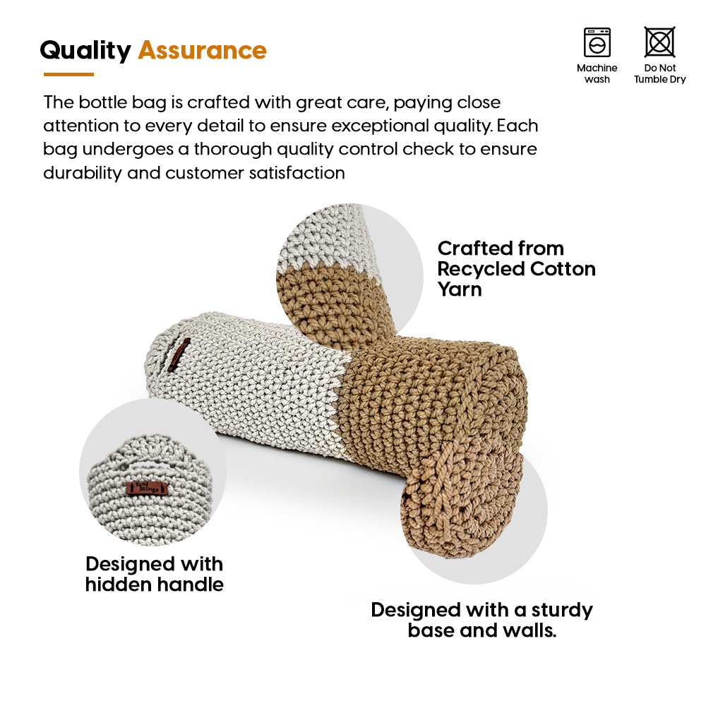 Bottle cover with recycled cotton yarn, designed with a handle and sturdy base, on a white background.