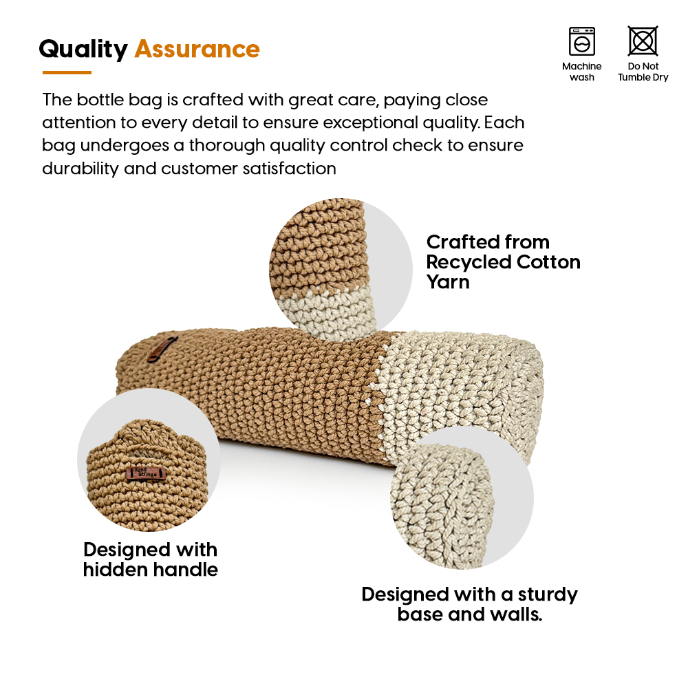 Bottle holder with recycled cotton yarn, handle, and sturdy base on a white background.