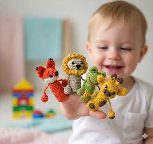 Child holding four colorful crochet finger puppets in front of a blurred indoor background