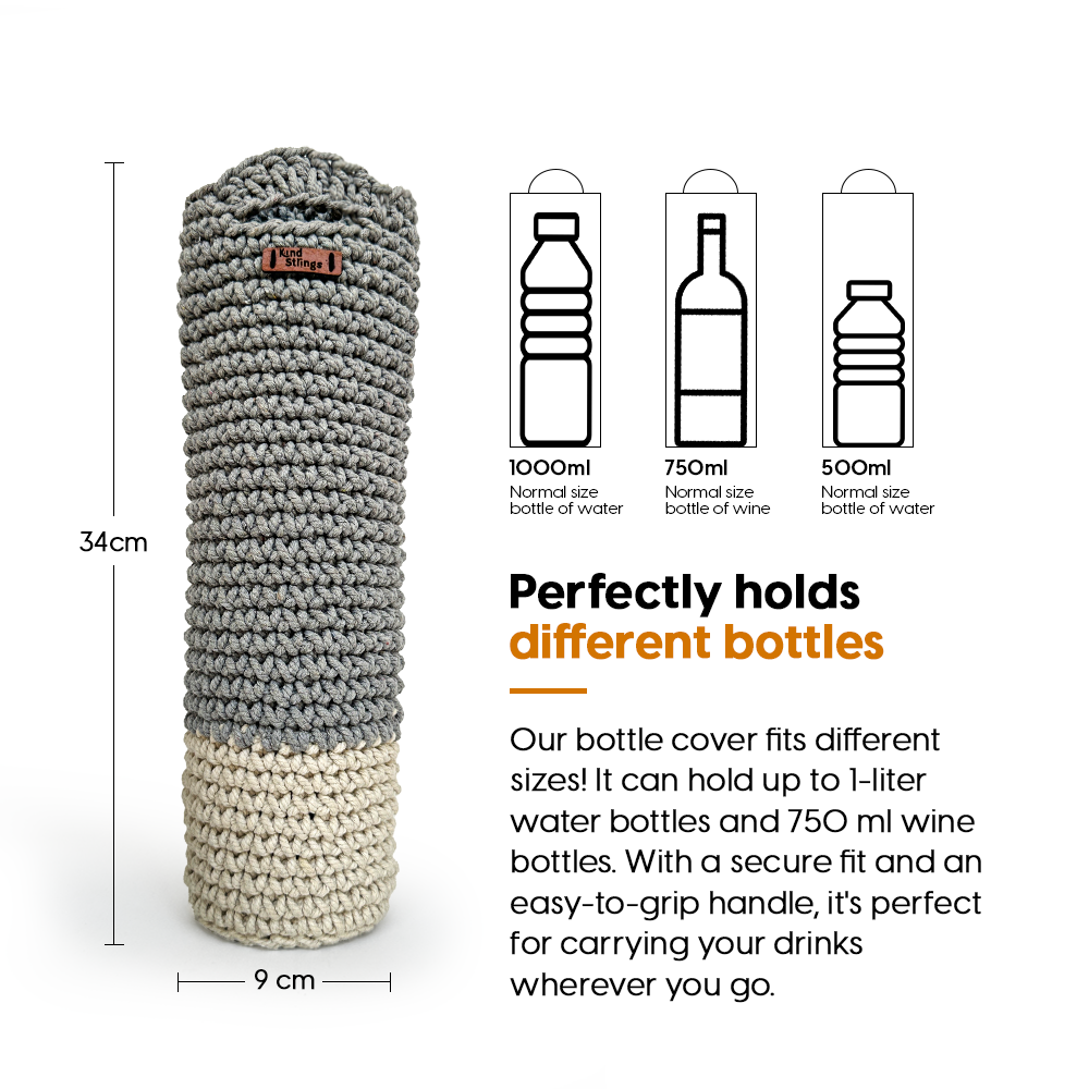 Crocheted bottle holder with dimensions and compatibility information on a white background