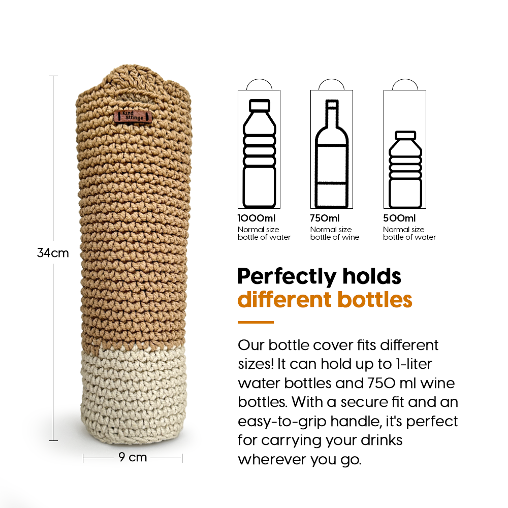 Crochet bottle holder with dimensions and compatibility information on a white background