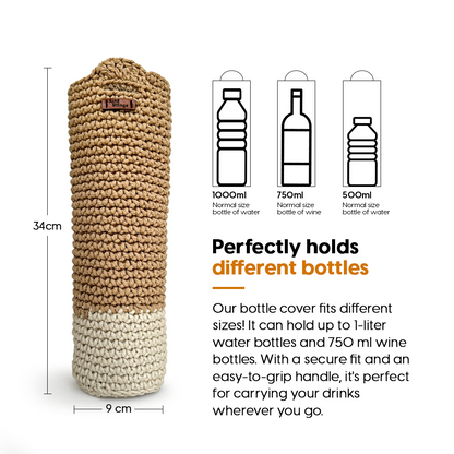 Crochet bottle holder with dimensions and compatibility information on a white background