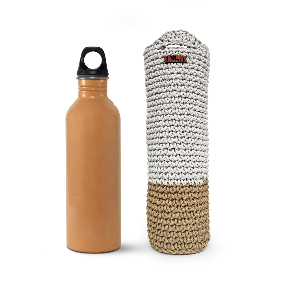 Crochet water bottle cover on a white background 
