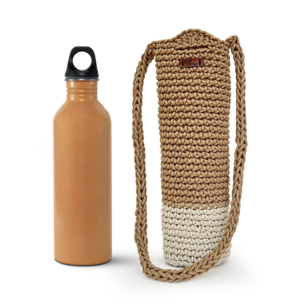 Crochet woven carrying strap on a white background