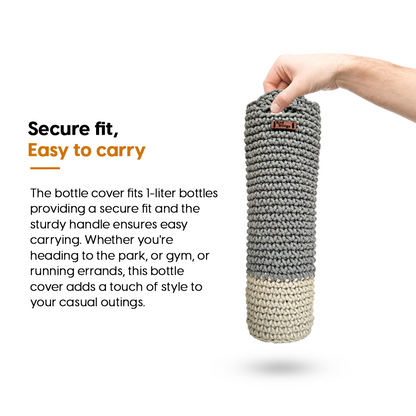 Crocheted Grey Bottle holder with measurements on a white background