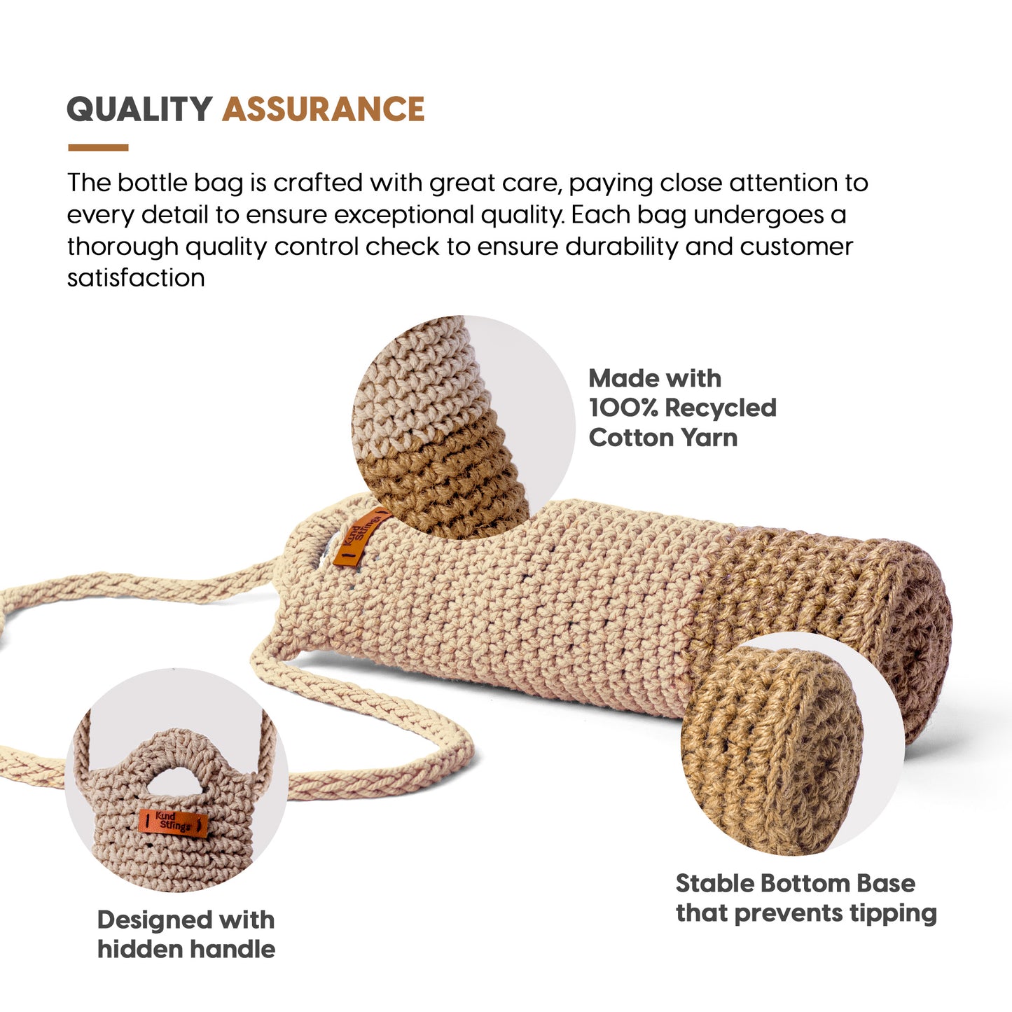 Crocheted bottle Cover with quality assurance text and features on a white background