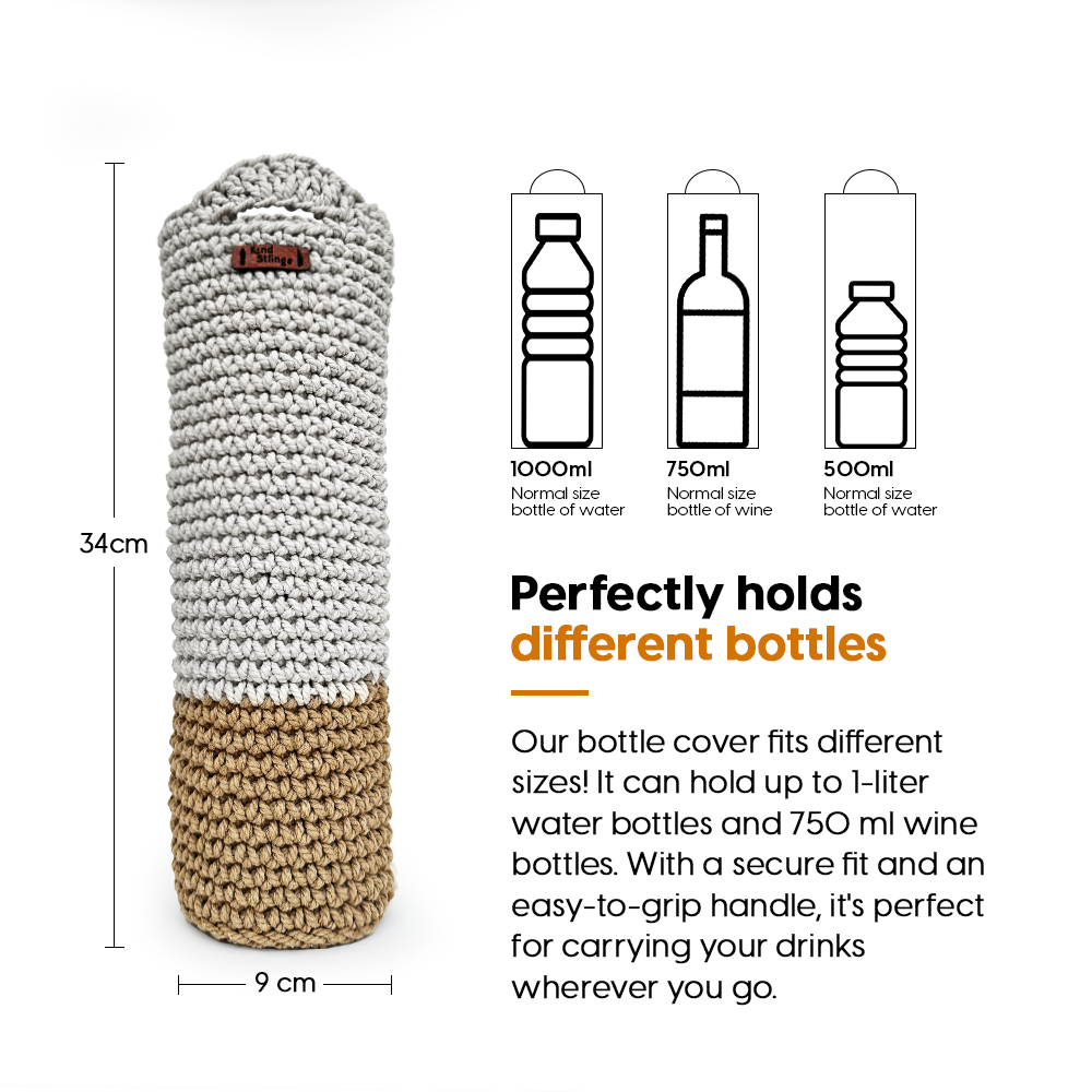 Crocheted bottle holder with dimensions and compatibility information on a white background
