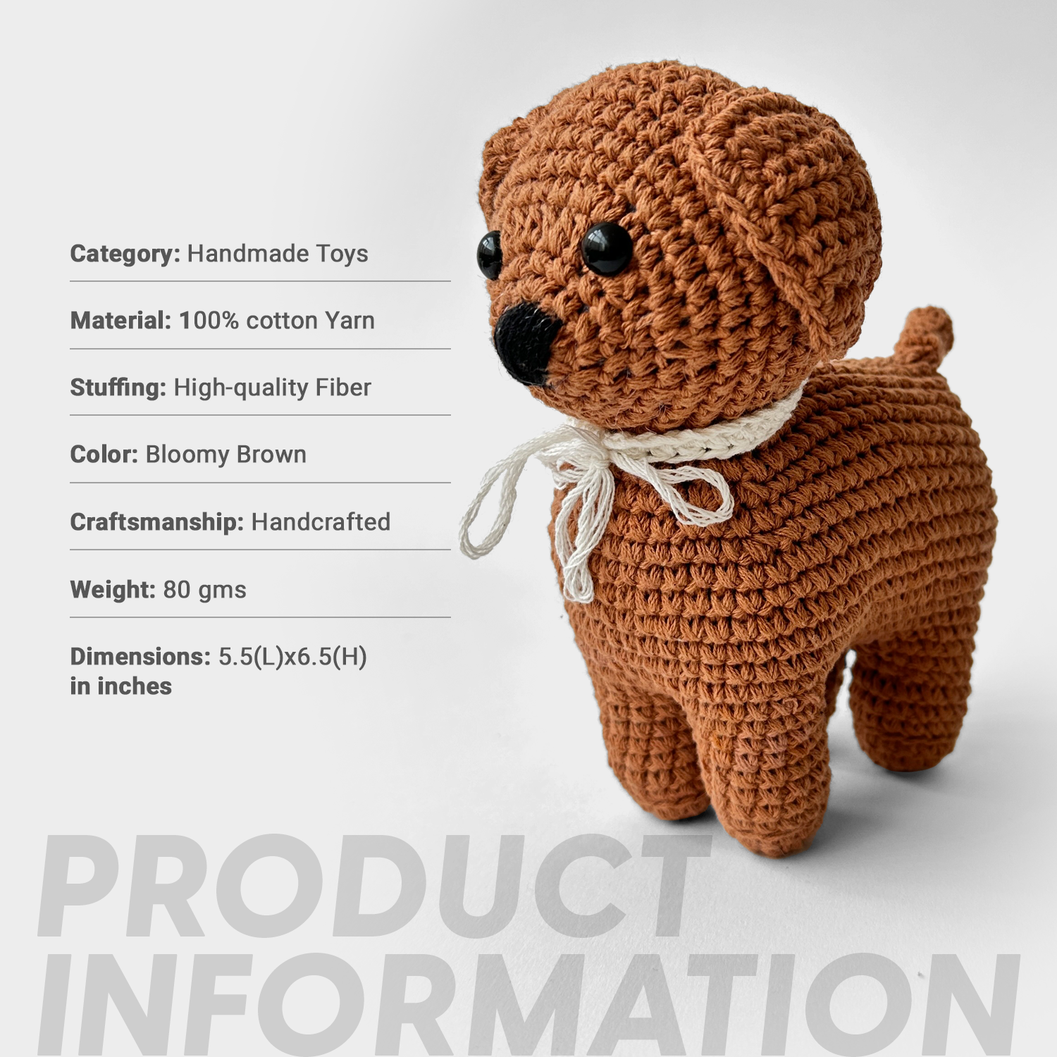 Crocheted brown dog toy with product information on a light gray background