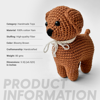 Crocheted brown dog toy with product information on a light gray background