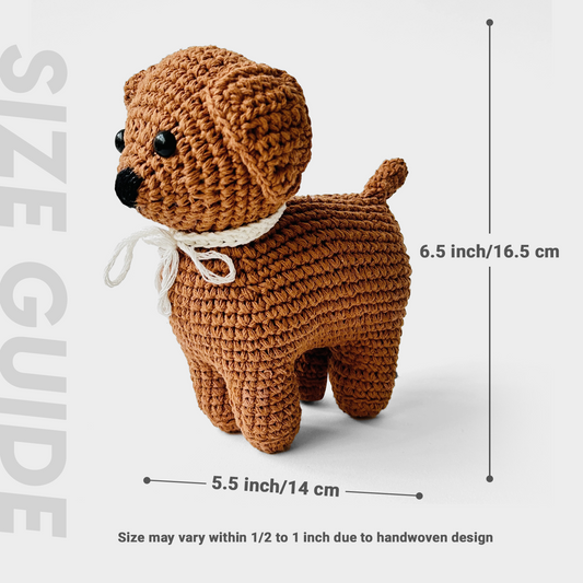 Crocheted dog toy with dimensions on a white background