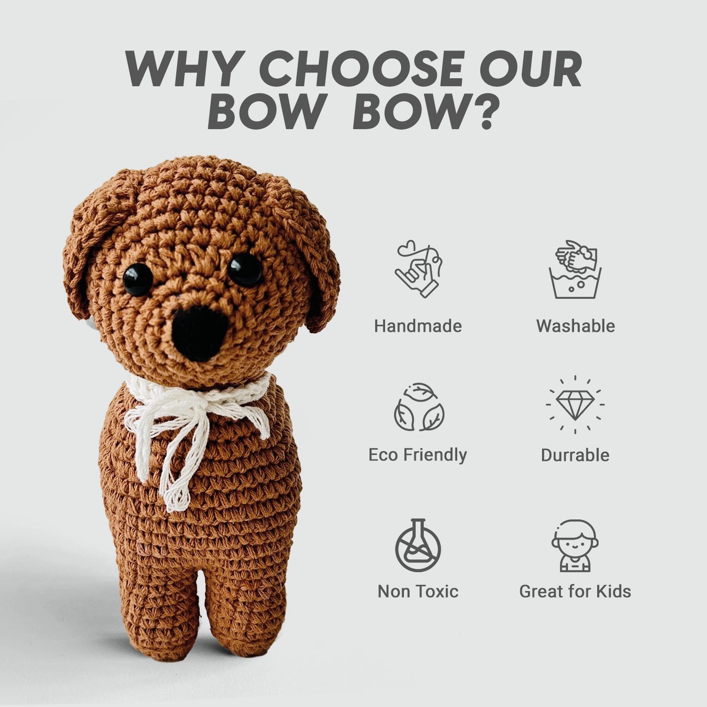 Crocheted dog toy with text highlighting features on a light gray background