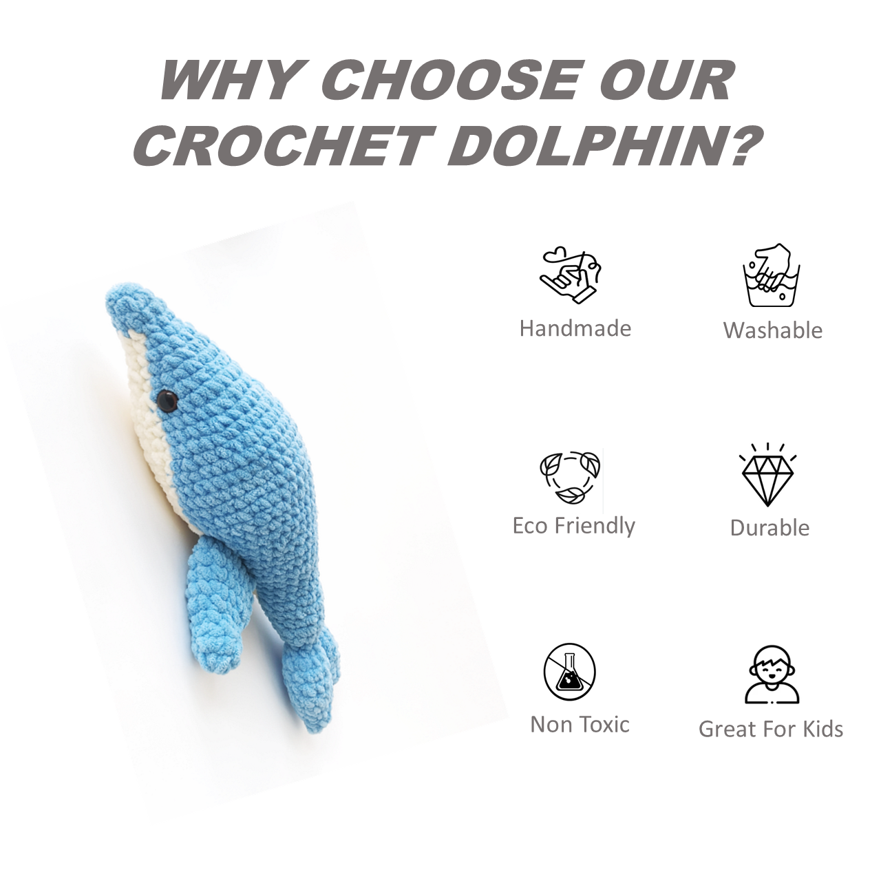 Crocheted dolphin toy with features listed on a white background