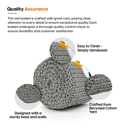 Gray owl-shaped basket with text about quality assurance, durability, and material on a white background