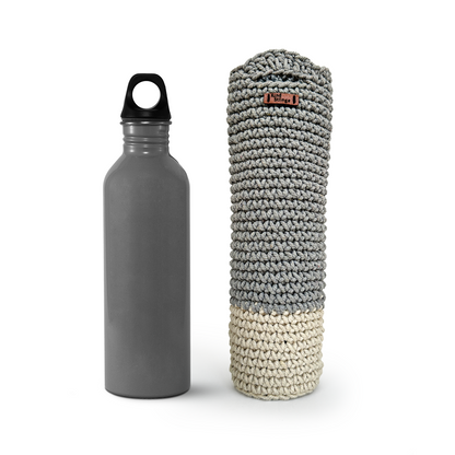 Gray water bottle with black cap and knitted gray and white Water Bottle Holder on a white background.