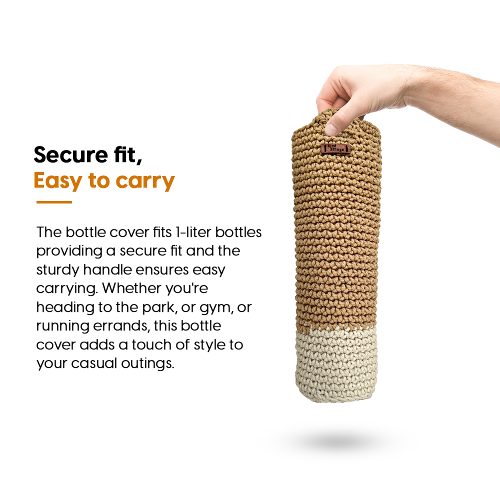 Hand holding a beige knitted bottle cover with text on a white background