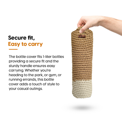 Hand holding a beige knitted bottle cover with text on a white background