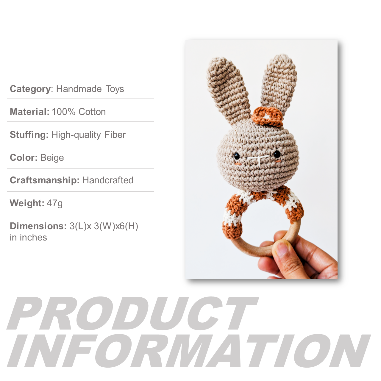Handmade crochet bunny teething ring held by a hand on a white background with product information text.