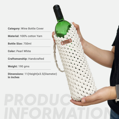 Handmade white crocheted bottle cover holding a green  bottle, with product information displayed.