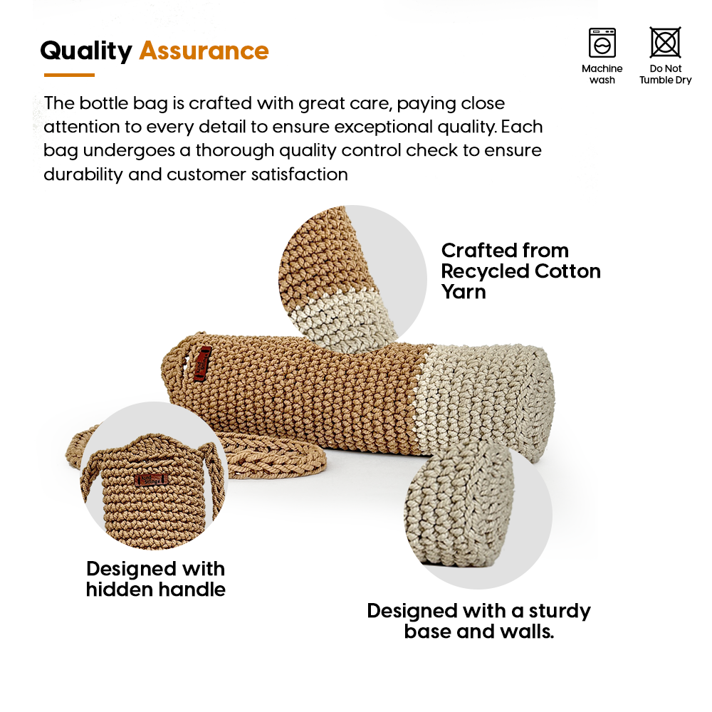 Knitted bottle bag with recycled cotton yarn, designed with a handle and base, on a white background.