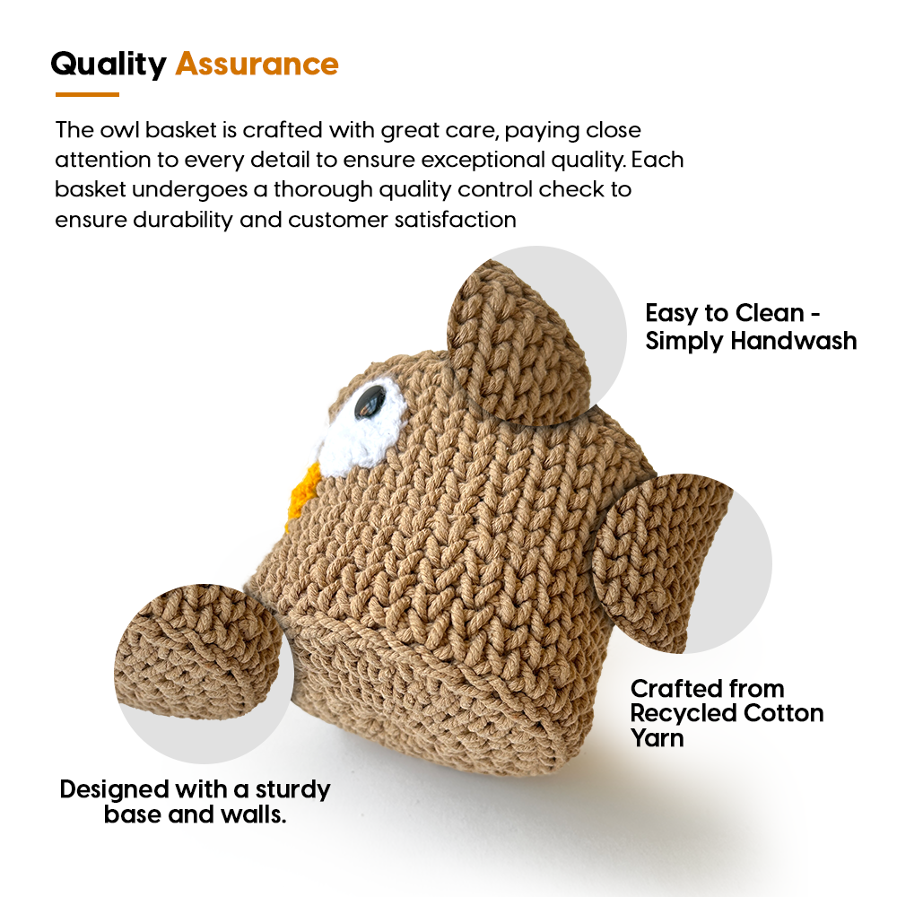 Knitted owl basket with text about quality assurance, durability, and material on a white background