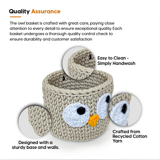 Owl-shaped crochet basket with quality assurance text on a white background