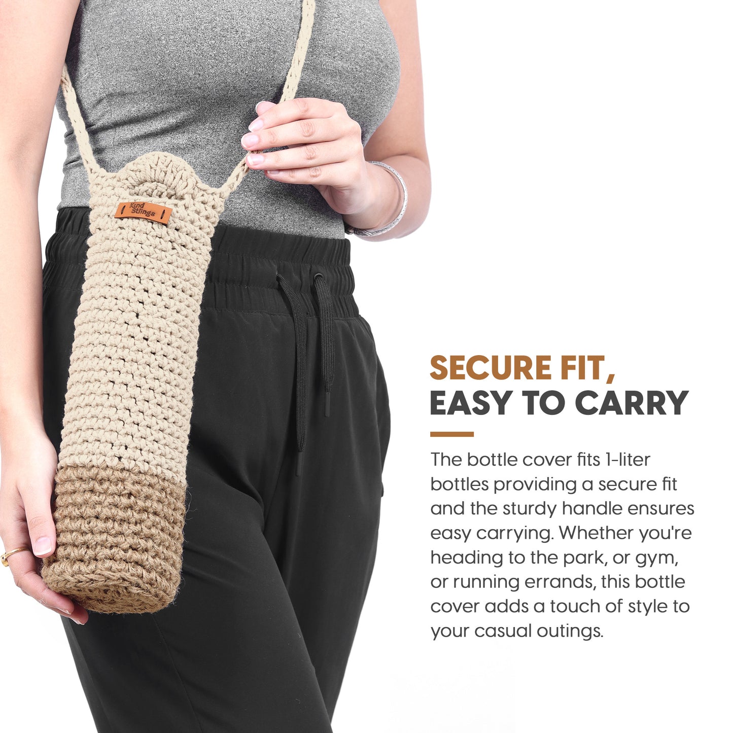 Person holding a beige bottle cover with text about its features