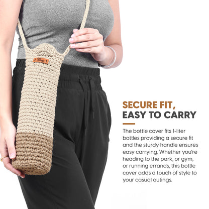 Person holding a beige bottle cover with text about its features