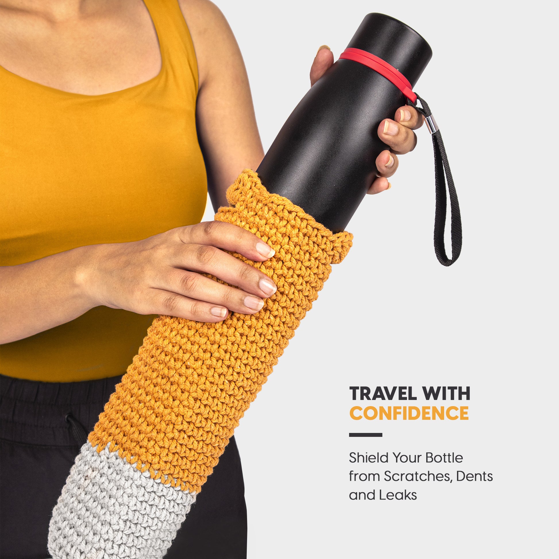 Person holding a black water bottle with a Crocheted water bottle holder, promotional text about bottle protection.