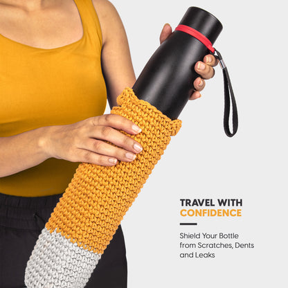 Person holding a black water bottle with a Crocheted water bottle holder, promotional text about bottle protection.