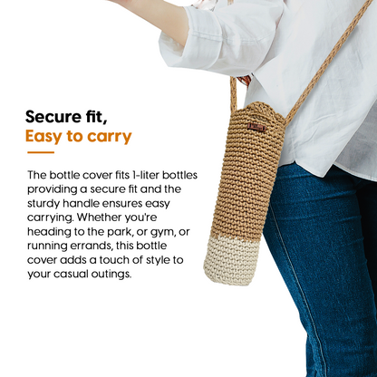 Person holding a woven bottle cover with text about its features