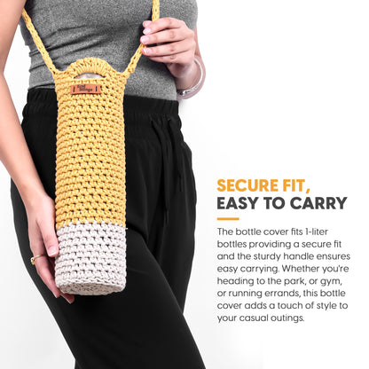 Person holding a yellow and white bottle cover with text about its features.